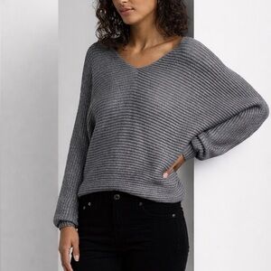 🆕 Lauren Ralph Lauren Gray Ribbed Knit Dolman Sleeve V-Neck Sweater XXL Casual